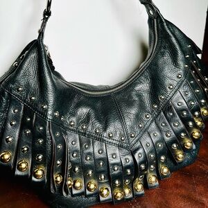 B. Makowsky Black Leather Studded Shoulder Bag